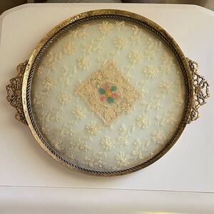 Antique Vintage Brass Gold glass Floral Lace Vanity Tray perfume make up hair